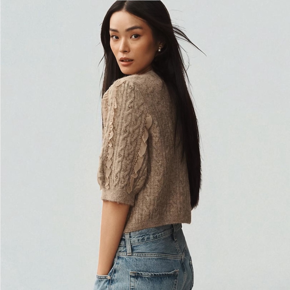NWT MAEVE (S) Short-Sleeve Embellished Ruffled Cardigan Sweater Taupe Stretch - Picture 2 of 14